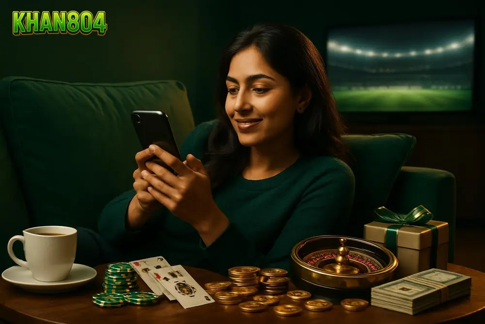 KHAN804 app โ a Pakistani woman lying on a couch at home scrolling through a mobile app with a cup of tea on the KHAN804 app โ a Pakistani woman lying on a couch at home scrolling through a mobile app with a cup of tea on the