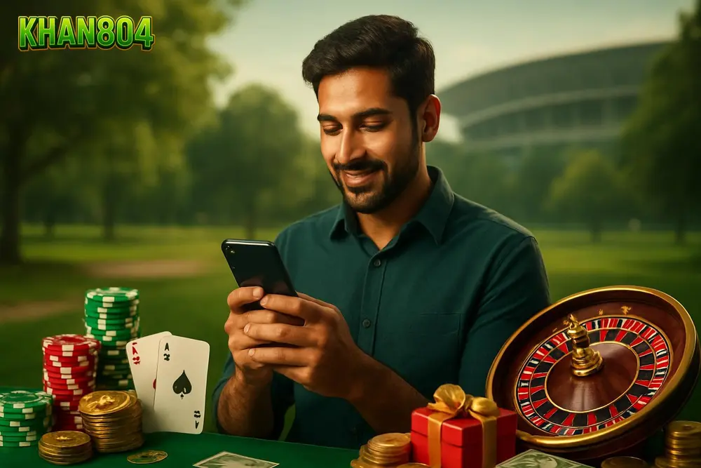 KHAN804 app โ a young Pakistani man walking outdoors while checking a mobile app on his smartphone with a park in KHAN804 app โ a young Pakistani man walking outdoors while checking a mobile app on his smartphone with a park in
