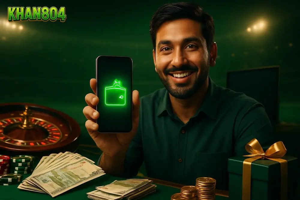 KHAN804 deposit โ a smiling Pakistani man holding his phone showing a glowing mobile wallet transfer with banknotes KHAN804 deposit โ a smiling Pakistani man holding his phone showing a glowing mobile wallet transfer with banknotes