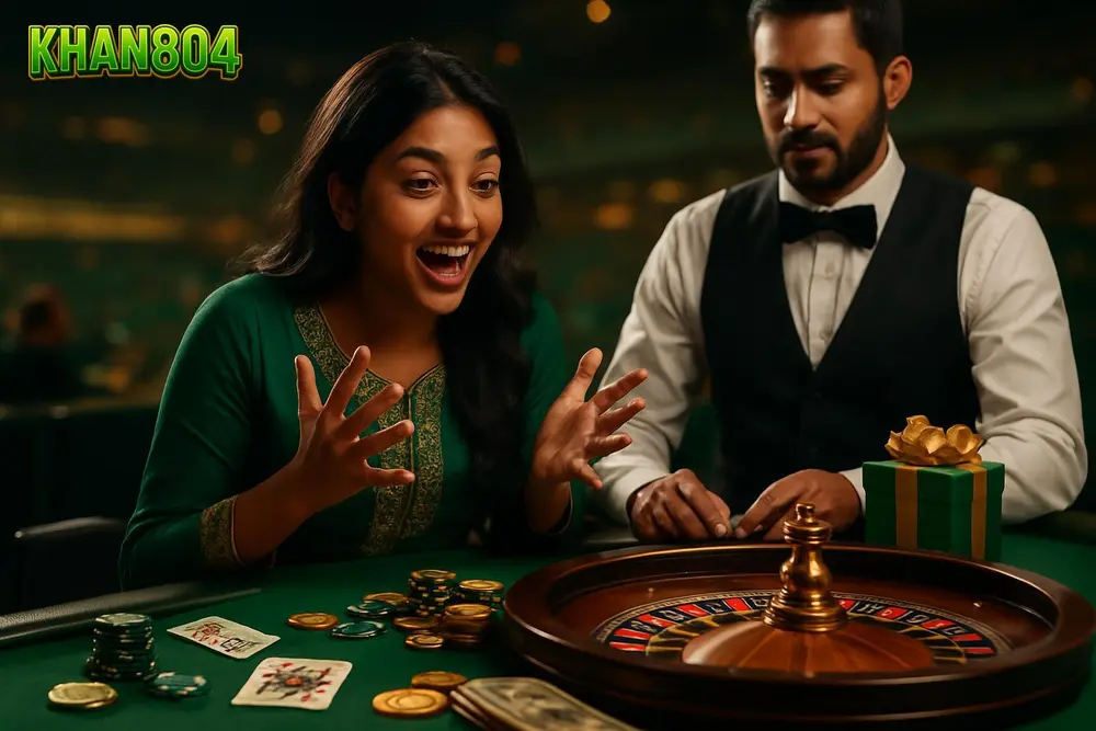 KHAN804 games โ a young Pakistani woman excitedly watching a spinning roulette wheel beside a dealer at a lively table KHAN804 games โ a young Pakistani woman excitedly watching a spinning roulette wheel beside a dealer at a lively table