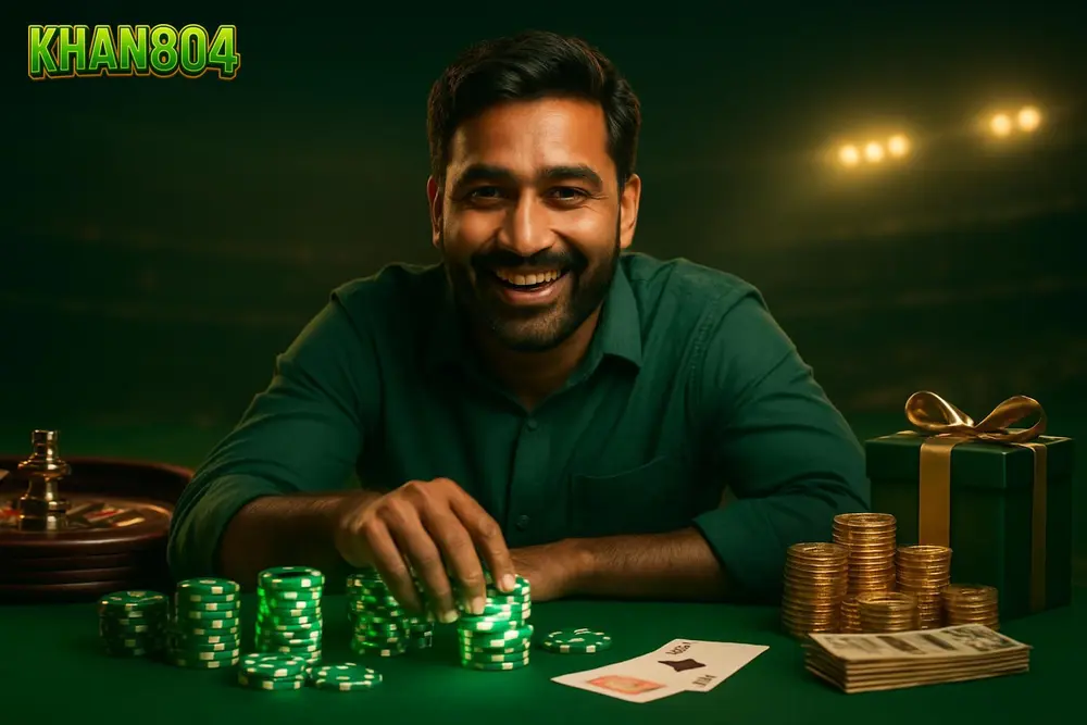 KHAN804 games โ a cheerful Pakistani man leaning over a table stacked with glowing casino chips and playing cards KHAN804 games โ a cheerful Pakistani man leaning over a table stacked with glowing casino chips and playing cards
