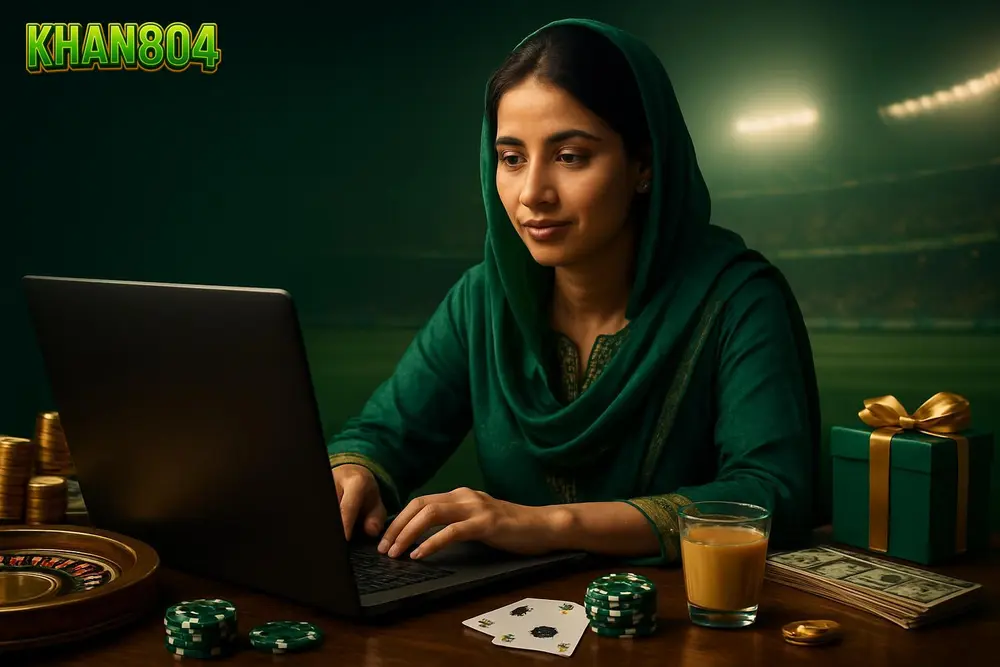 KHAN804 Pakistan โ a Pakistani woman sitting at a desk with a laptop showing glowing casino chips and cards stacked KHAN804 Pakistan โ a Pakistani woman sitting at a desk with a laptop showing glowing casino chips and cards stacked