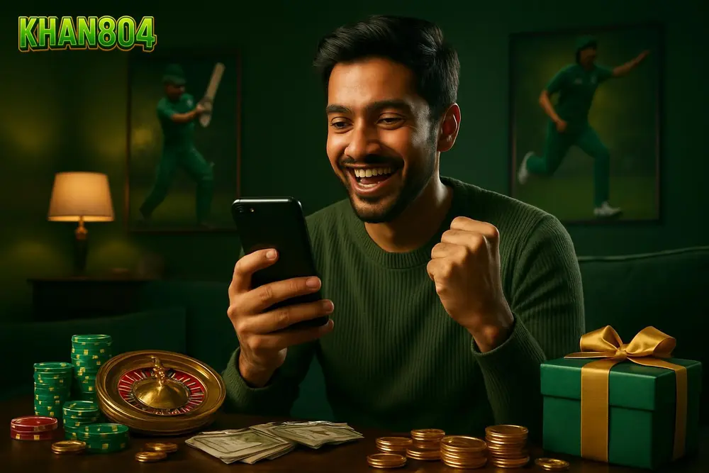KHAN804 Pakistan โ a young Pakistani man smiling while celebrating a win on his smartphone in a cozy living room KHAN804 Pakistan โ a young Pakistani man smiling while celebrating a win on his smartphone in a cozy living room