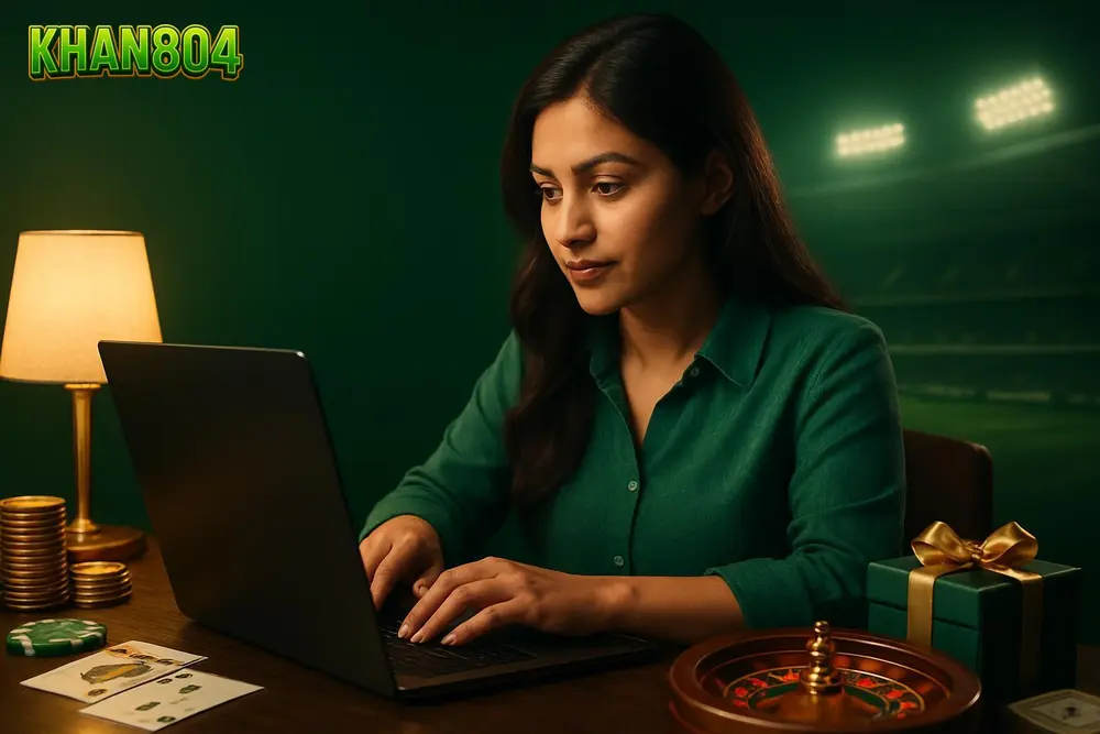 KHAN804 login โ a young Pakistani woman typing on a laptop keyboard at a desk with a soft desk lamp glowing beside her KHAN804 login โ a young Pakistani woman typing on a laptop keyboard at a desk with a soft desk lamp glowing beside her
