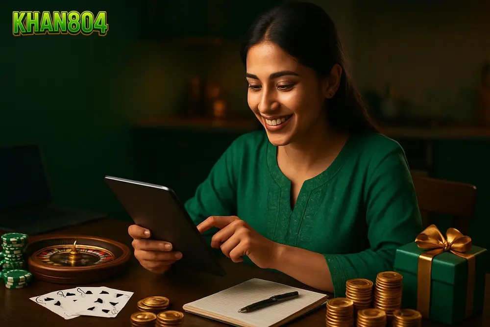 KHAN804 register โ a Pakistani woman smiling while entering details on a tablet at a kitchen table with a notebook KHAN804 register โ a Pakistani woman smiling while entering details on a tablet at a kitchen table with a notebook