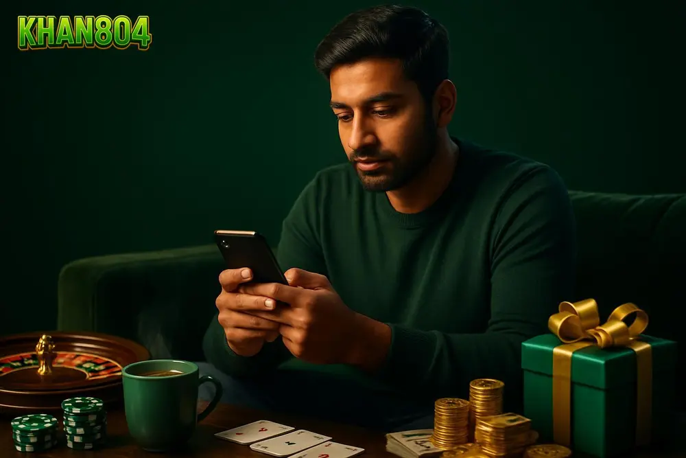 KHAN804 register โ a young Pakistani man sitting on a sofa filling out a registration form on his smartphone with a KHAN804 register โ a young Pakistani man sitting on a sofa filling out a registration form on his smartphone with a