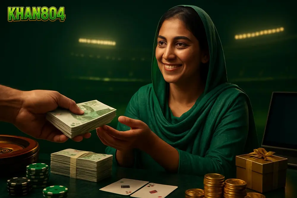 KHAN804 withdraw โ a Pakistani woman receiving a cash payout at a counter with stacks of local currency neatly KHAN804 withdraw โ a Pakistani woman receiving a cash payout at a counter with stacks of local currency neatly