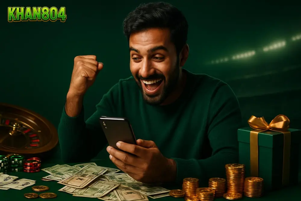 KHAN804 withdraw โ an excited Pakistani man celebrating as banknotes and coins spread across a table beside his KHAN804 withdraw โ an excited Pakistani man celebrating as banknotes and coins spread across a table beside his